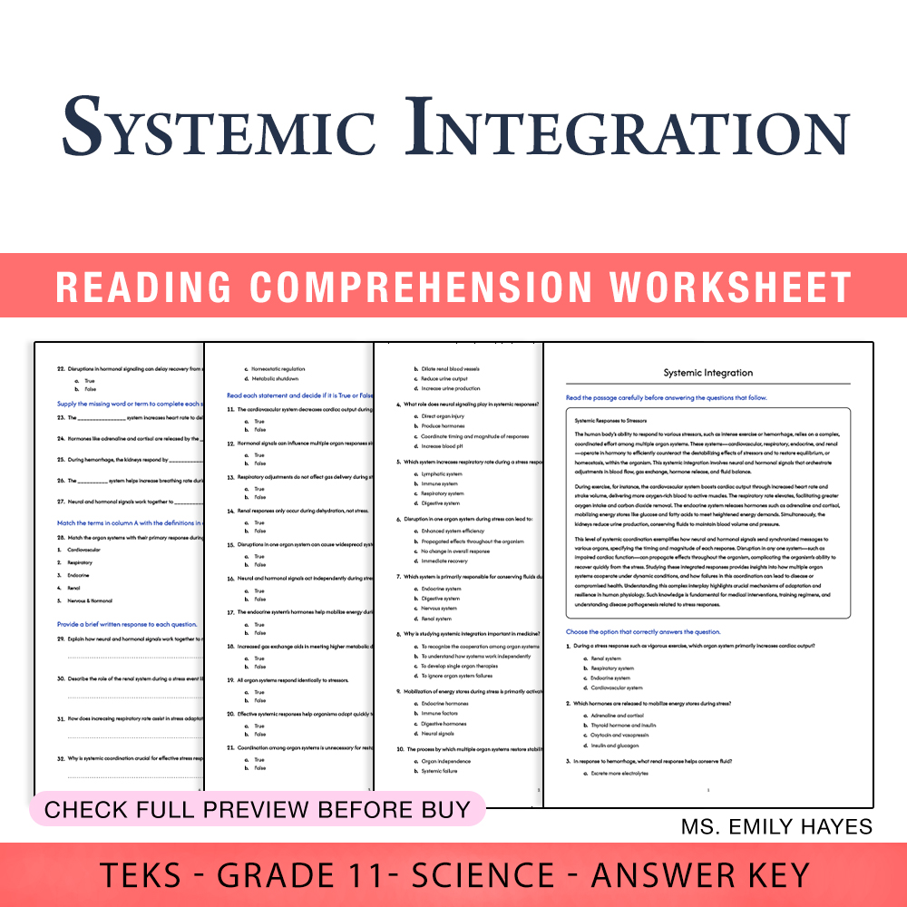 Grade 11 Science worksheet worksheet — 11th Grade Science | Systemic Integration Worksheet (PDF+ Answer Key) — page 1