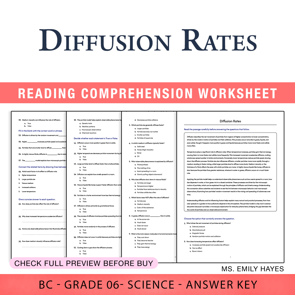 Grade 6 Science worksheet worksheet — 6th Grade Science | Diffusion Rates Worksheet (PDF+ Answer Key) — page 1