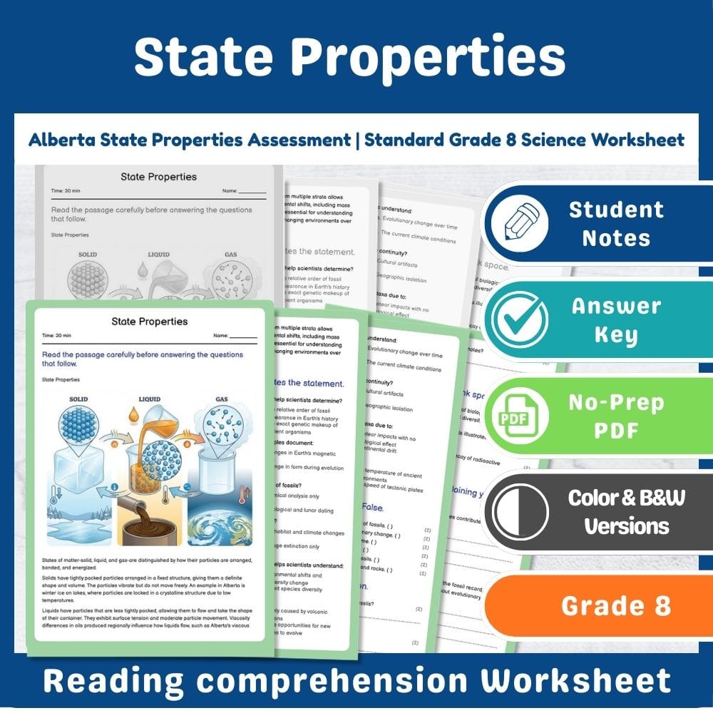 Grade 8 Science assessment worksheet — Alberta State Properties Assessment | Standard Grade 8 Science Worksheet — page 1