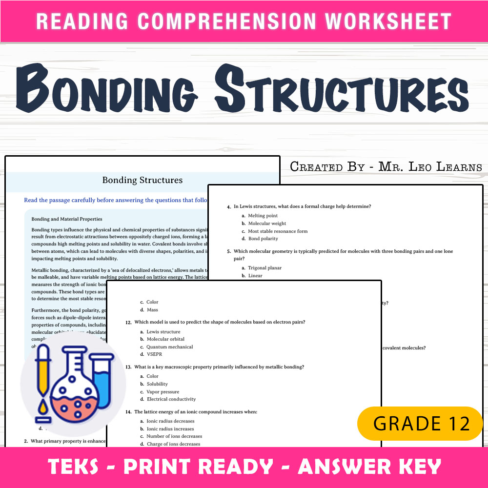 Grade 12 Science worksheet worksheet — Grade 12 Science – Bonding Structures Worksheet for Mastering Chemical Bonds — page 1