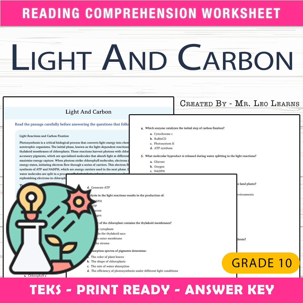 Grade 10 Science worksheet worksheet — Grade 10 Science – Light and Carbon Worksheet for Mastering Photosynthesis — page 1