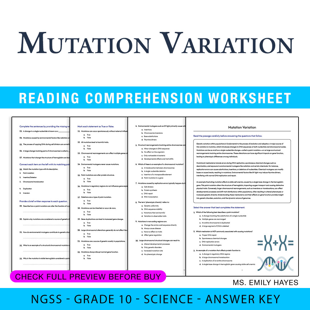 Grade 10 Science worksheet worksheet — 10th Grade Science | Mutation Variation Worksheet (PDF+ Answer Key) — page 1