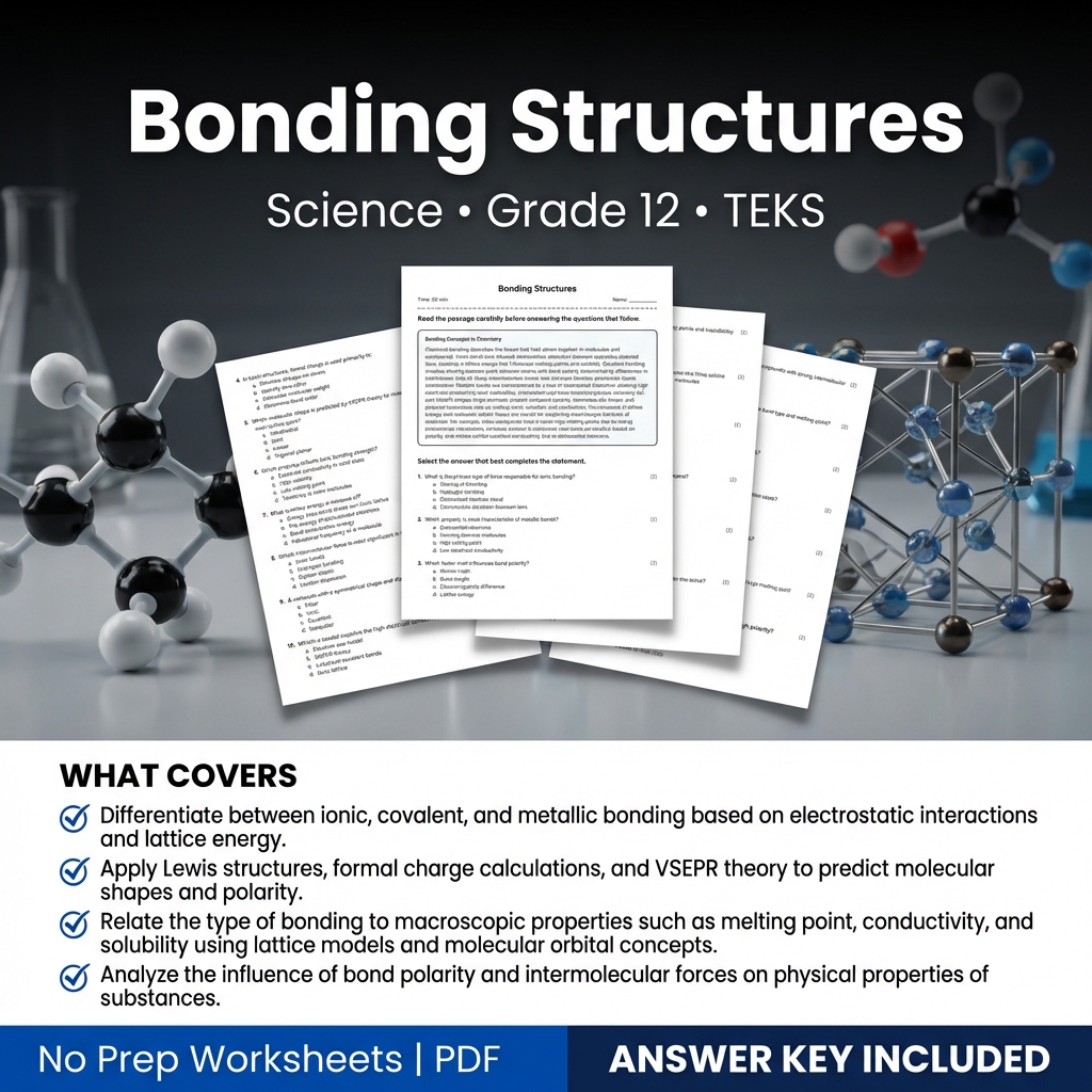 Grade 12 Science Worksheet on Bonding Structures | TEKS-Aligned Practice
