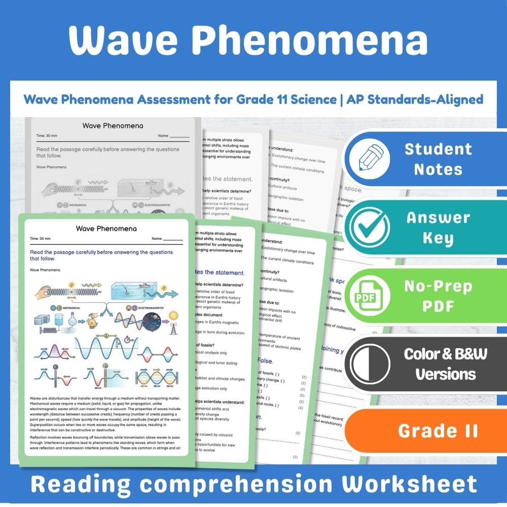 Grade 11 Science assessment worksheet — Wave Phenomena Assessment for Grade 11 Science | AP Standards-Aligned — page 1