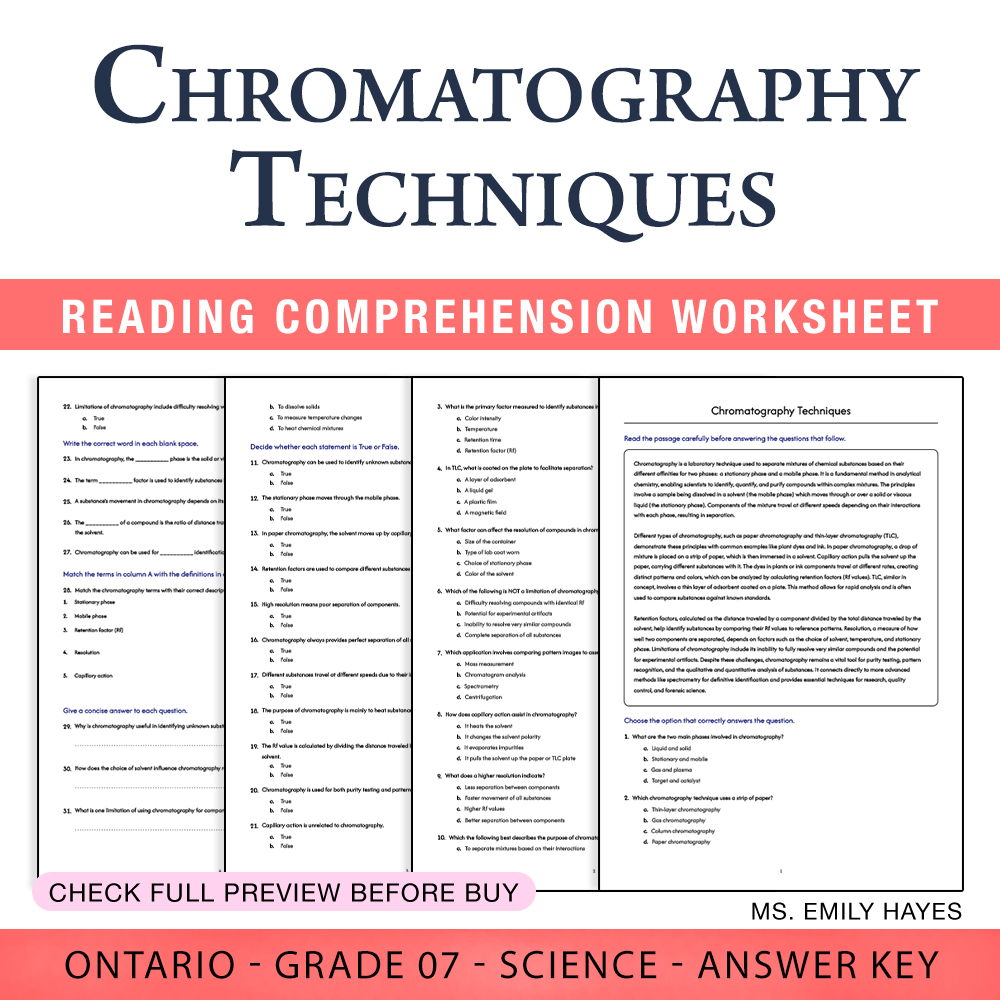 Grade 7 Science worksheet worksheet — 7th Grade Science | Chromatography Techniques Worksheet (PDF+ Answer Key) — page 1
