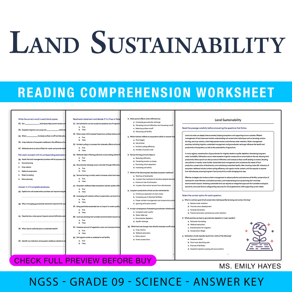 Grade 9 Science worksheet worksheet — Grade 9 Science | Land Sustainability Worksheet (PDF+ Answer Key) — page 1