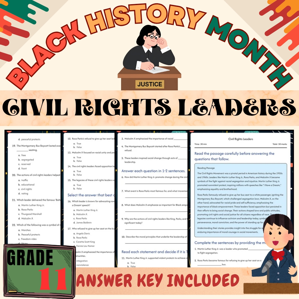 Grade 11 seasonal Civil Rights Leaders Worksheet for Mastery | PDF + Answer Key