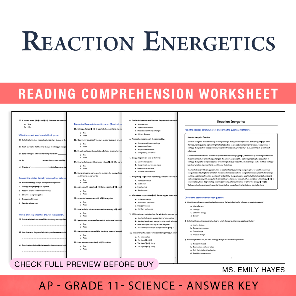 Grade 11 Science worksheet worksheet — 11th Grade Science | Reaction Energetics Worksheet (PDF+ Answer Key) — page 1