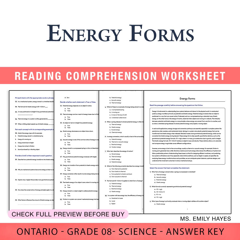 Grade 8 Science worksheet worksheet — 8th Grade Science | Energy Forms Worksheet (PDF+ Answer Key) — page 1