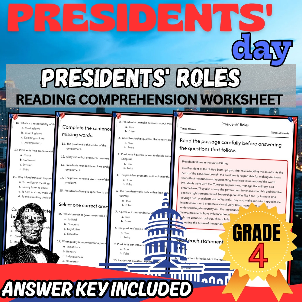 Grade 4 | Presidents' Day Worksheet for Presidential Roles | PDF + Answer Key