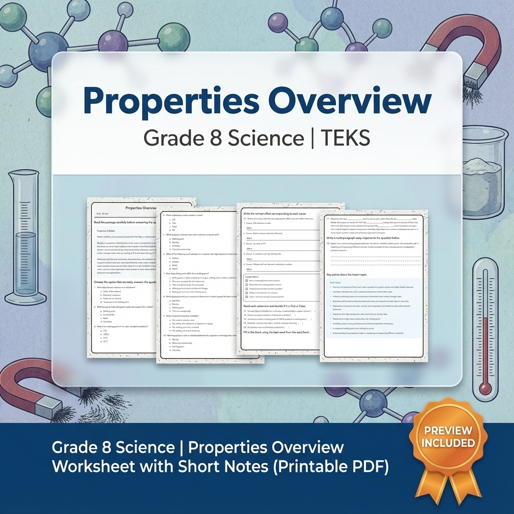 Grade 8 Science | Properties Overview Worksheet with Short Notes (Printable PDF)