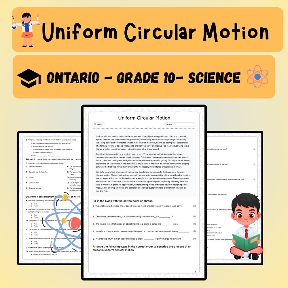 Grade 10 Science worksheet worksheet — Grade 10 Science | Uniform Circular Motion Worksheet (PDF) for Ontario Standards —…
