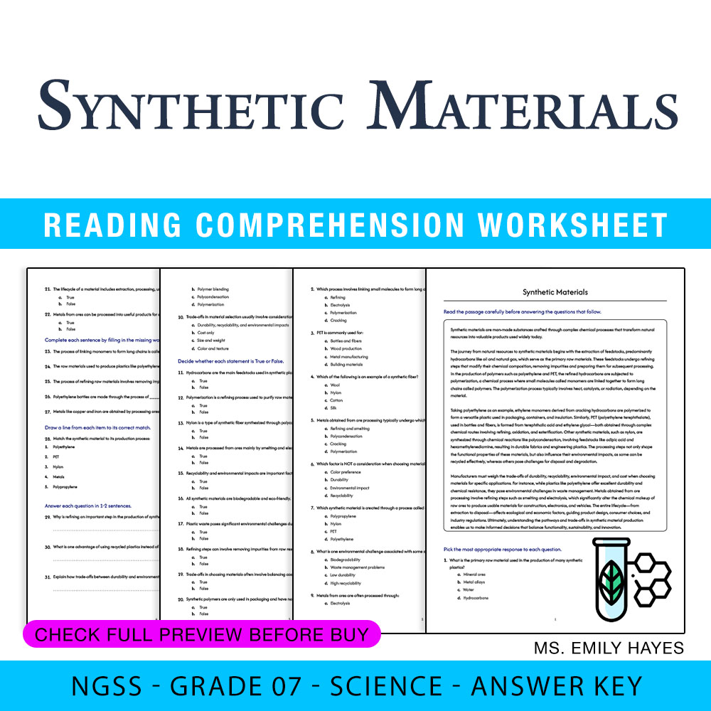Grade 7 Science worksheet — 7th Grade Science | Synthetic Materials Worksheet (PDF +Answer Key) — page 1