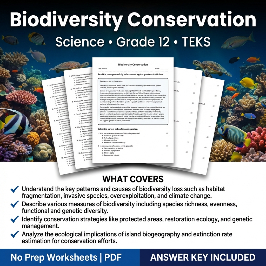 Grade 12 Science Worksheet on Biodiversity Conservation | TEKS Standard