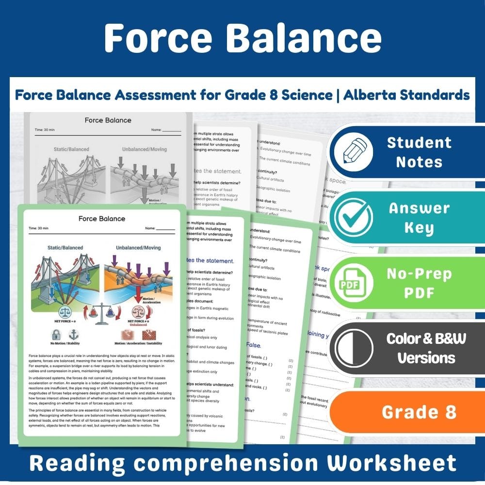 Grade 8 Science assessment worksheet — Force Balance Assessment for Grade 8 Science | Alberta Standards — page 1