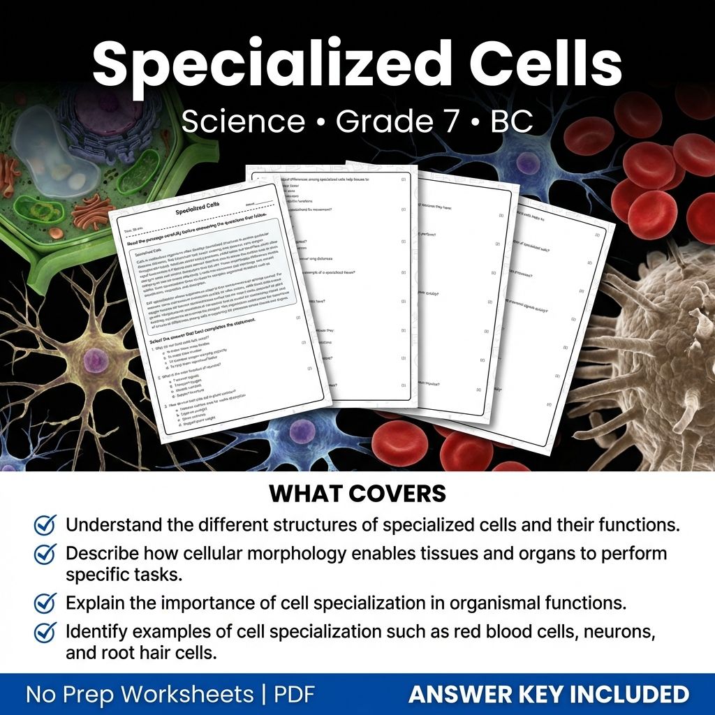 7th Grade Science | Specialized Cells Worksheet & Answer Key (PDF)