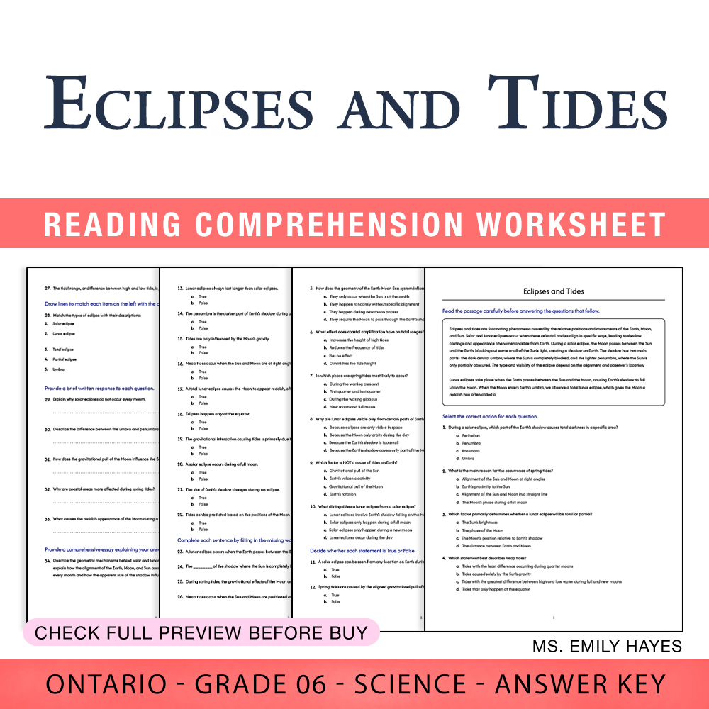 Grade 6 Science worksheet worksheet — 6th Grade Science | Eclipses & Tides Comprehension Worksheet (PDF + Answer Key) — pa…