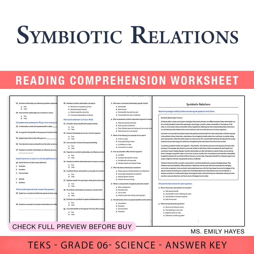 Grade 6 Science worksheet worksheet — 6th Grade Science | Symbiotic Relations Worksheet (PDF+ Answer Key) — page 1