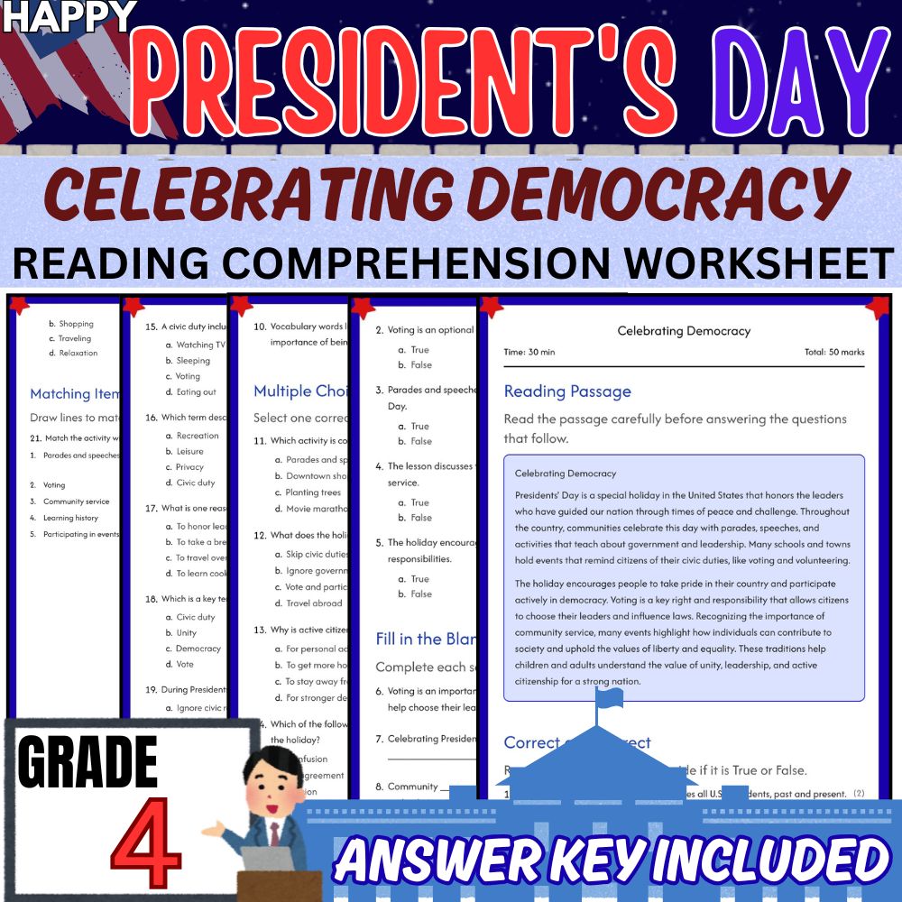 Grade 4 | Presidents' Day Worksheet for Celebrating Democracy | PDF + Answer Key
