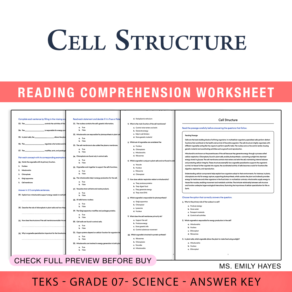 Grade 7 Science worksheet worksheet — Grade 7 Science | Cell Structure Worksheet (PDF+ Answer Key) — page 1