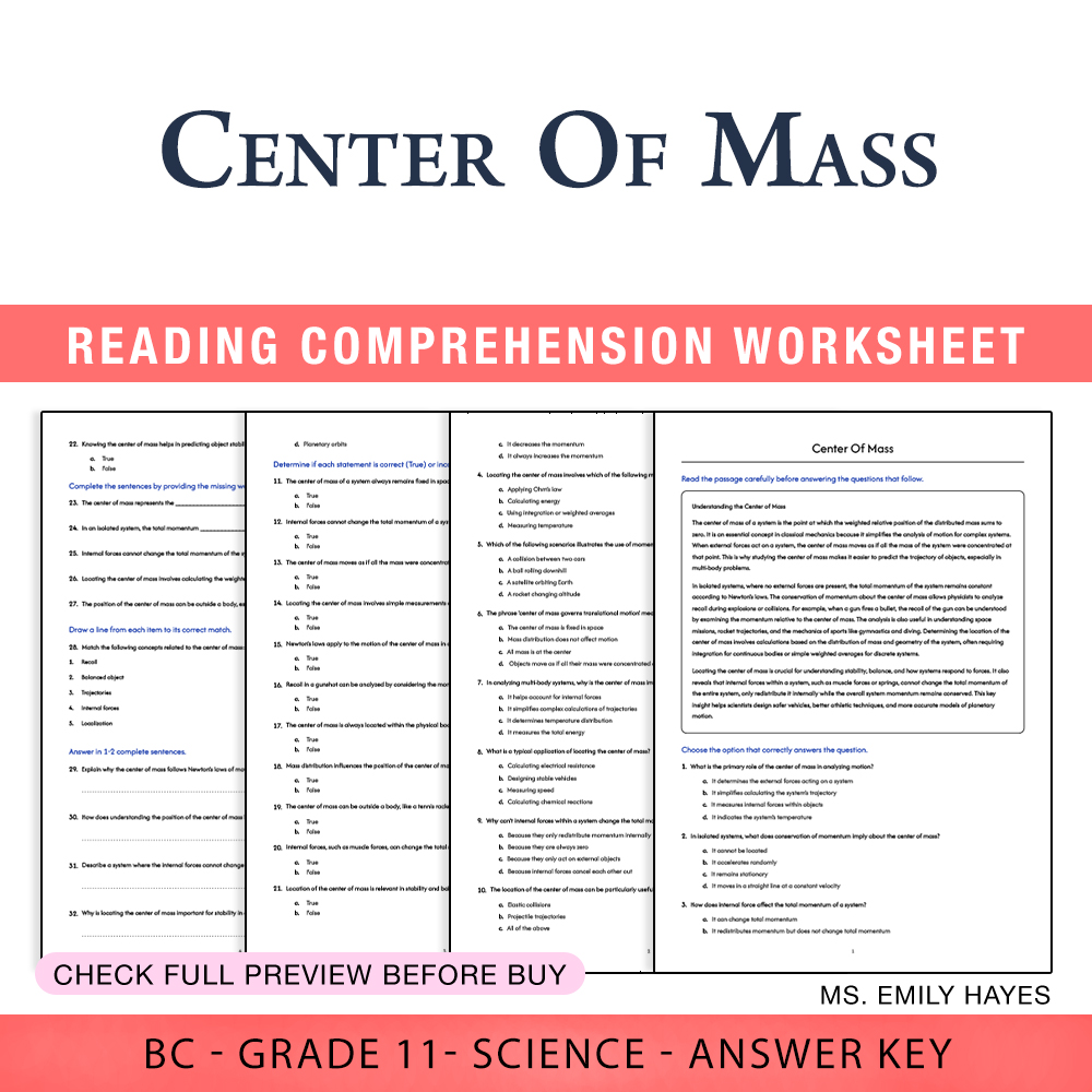 Grade 11 Science worksheet worksheet — 11th Grade Science | Center Of Mass Worksheet (PDF + Answer Key) — page 1