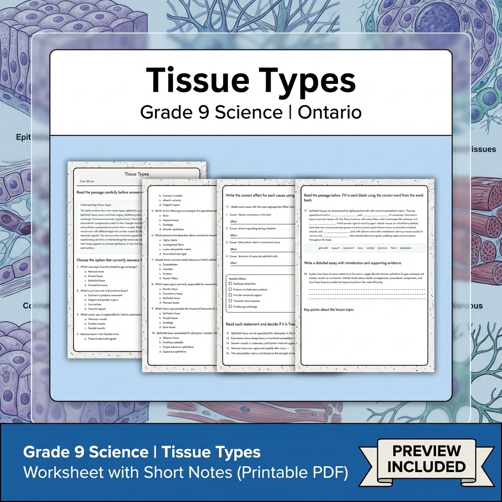 Grade 9 Science | Tissue Types Worksheet with Short Notes (Printable PDF)