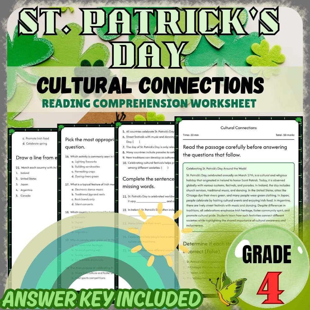 Grade 4 St. Patrick's Day Holiday Worksheets Bundle | Holiday Activities — included worksheet 1
