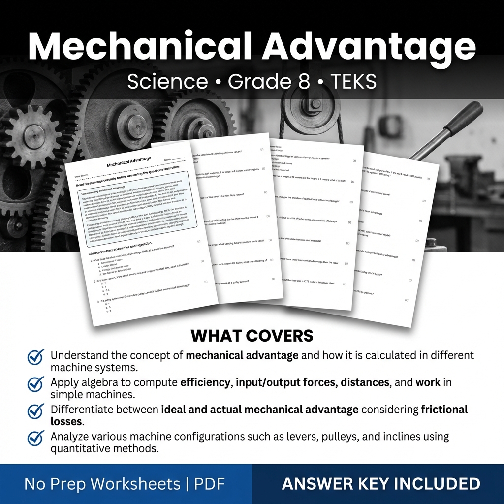 Grade 8 Science worksheet — Grade 8 Science Worksheet on Mechanical Advantage | TEKS Aligned