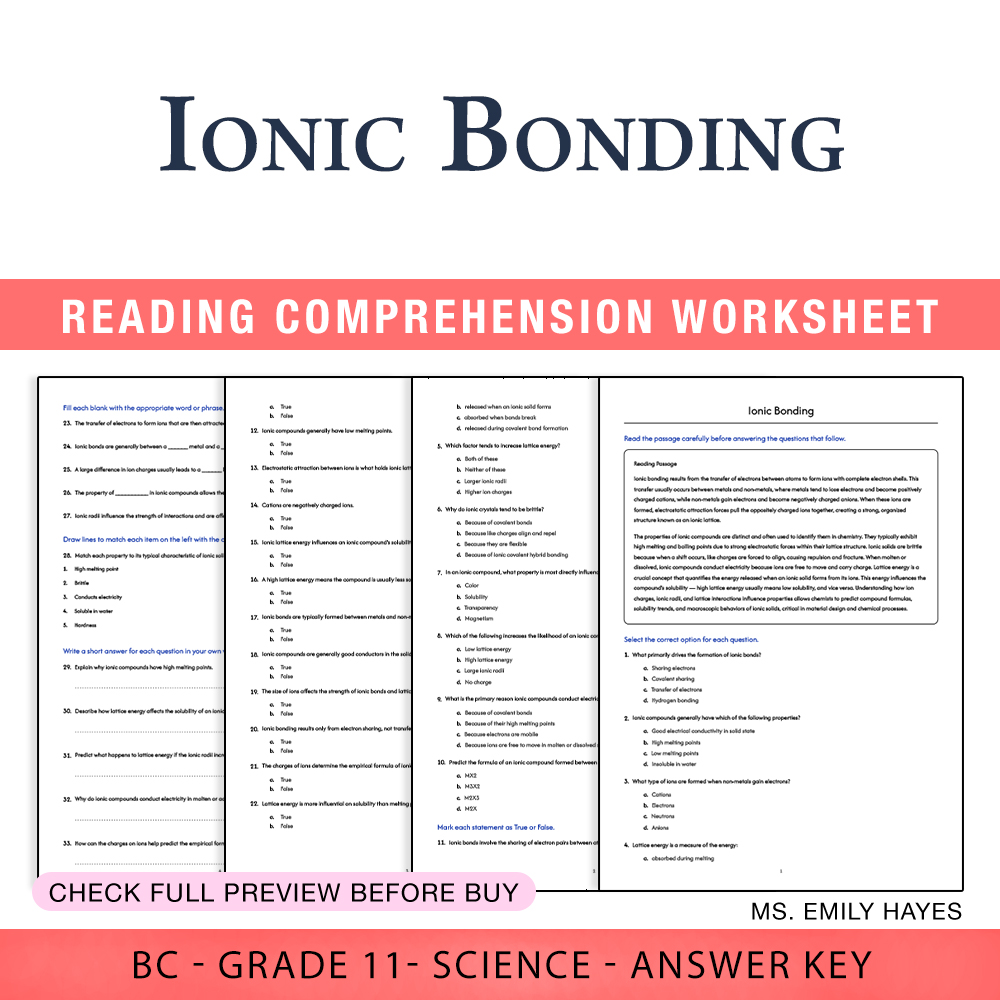 Grade 11 Science worksheet worksheet — 11th Grade Science | Ionic Bonding Worksheet (PDF + Answer Key) — page 1