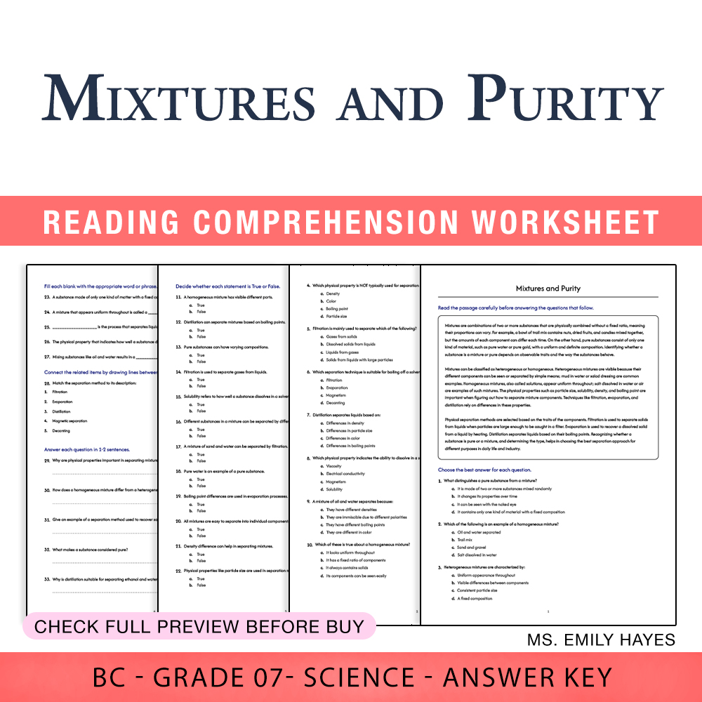 Grade 7 Science worksheet worksheet — 7th Grade Science | Mixtures and Purity Worksheet (PDF+ Answer Key) — page 1
