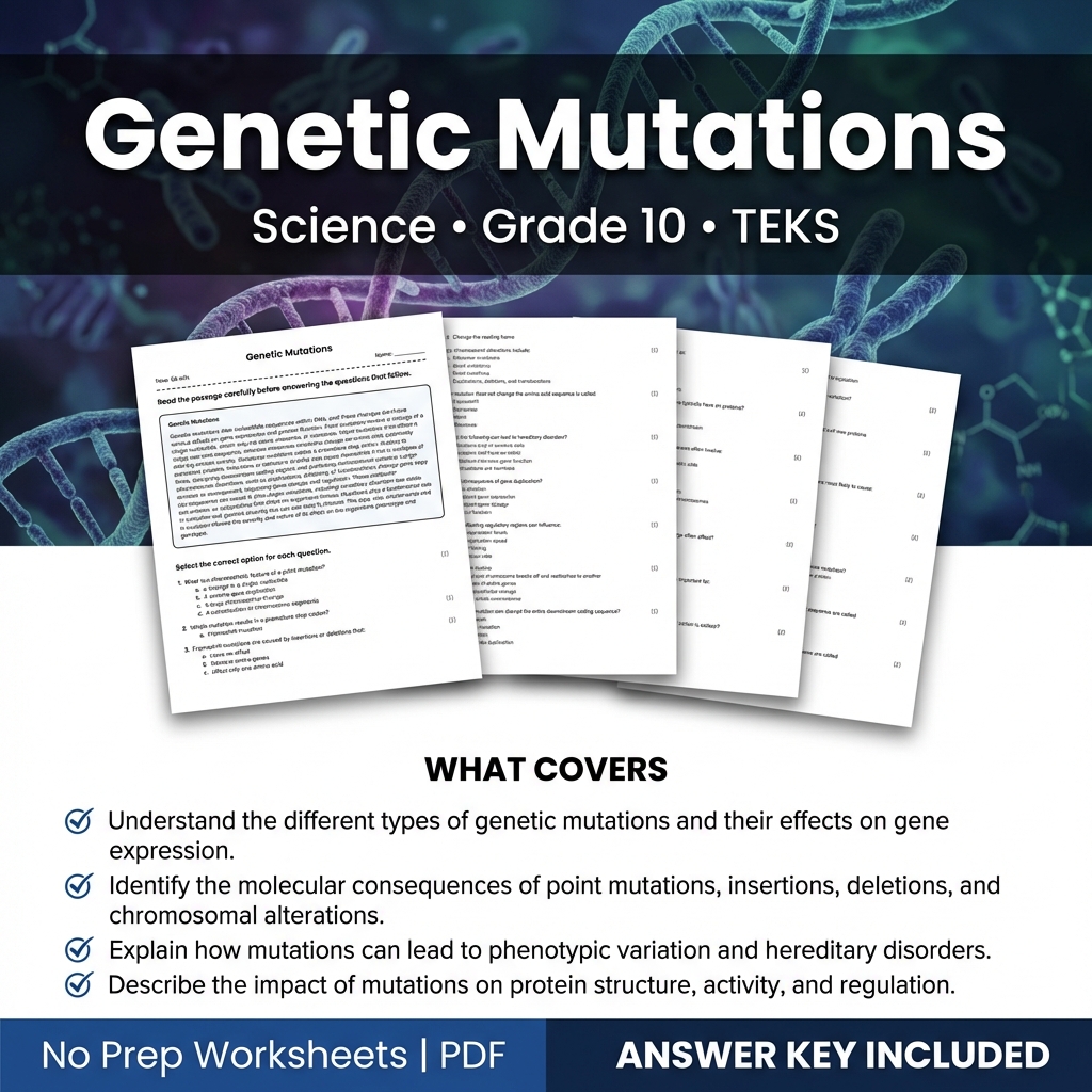 Genetic Mutations Worksheet for Science Grade 10 | TEKS Aligned