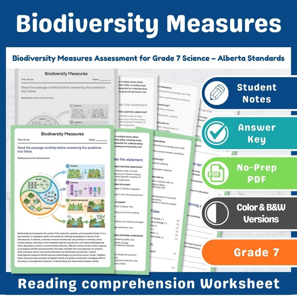 Grade 7 Science assessment worksheet — Biodiversity Measures Assessment for Grade 7 Science – Alberta Standards — page 1