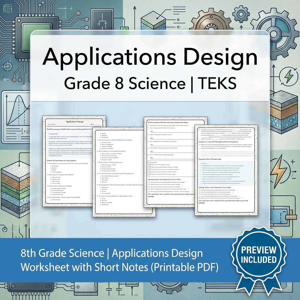 8th Grade Science Applications Design Worksheet with Short Notes (Printable PDF)