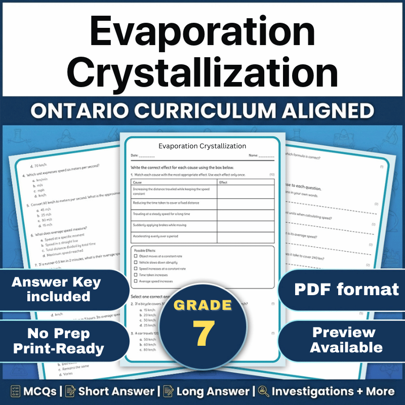 Grade 7 Science | Evaporation Crystallization Worksheet (Ontario Standards)(PDF)