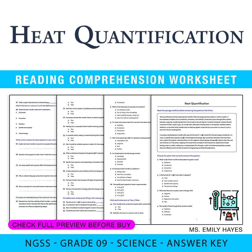 Grade 9 Science worksheet worksheet — 9th Grade Science | Heat Quantification Worksheet (PDF + Answer Key) — page 1