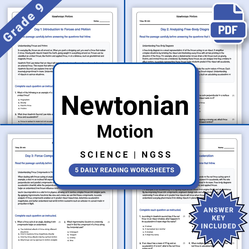 Grade 9 Science daily reading worksheet worksheet — Grade 9 Science – Newtonian Motion Worksheet(PDF + Answer Key) — page 1