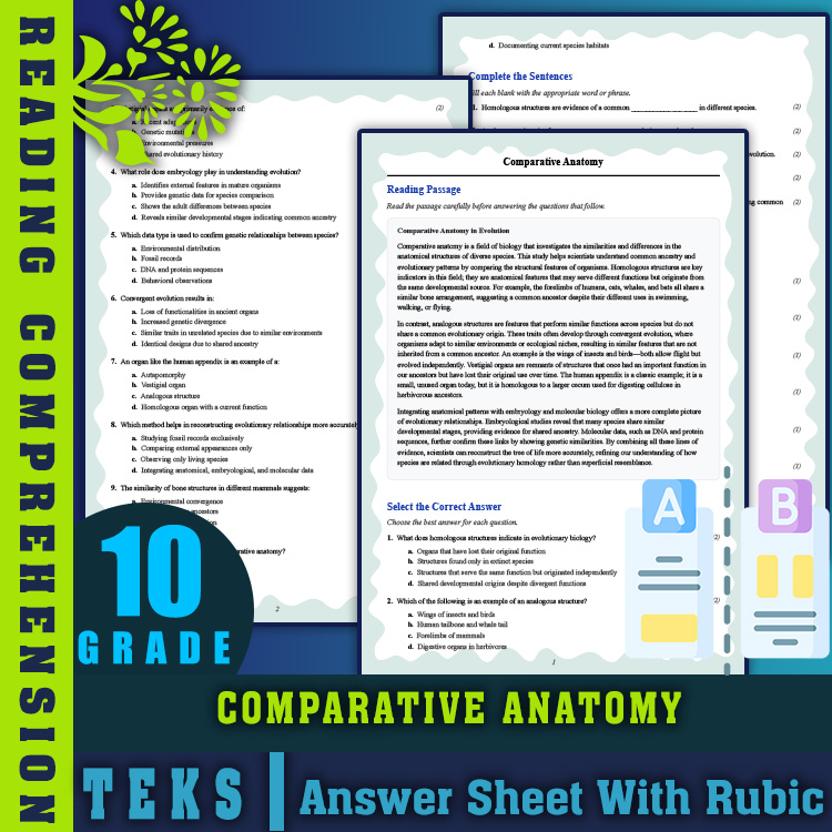Grade 10 Science reading worksheets worksheet — 10th Grade Science | Comparative Anatomy Mastery (PDF + Answer Key) — page 1