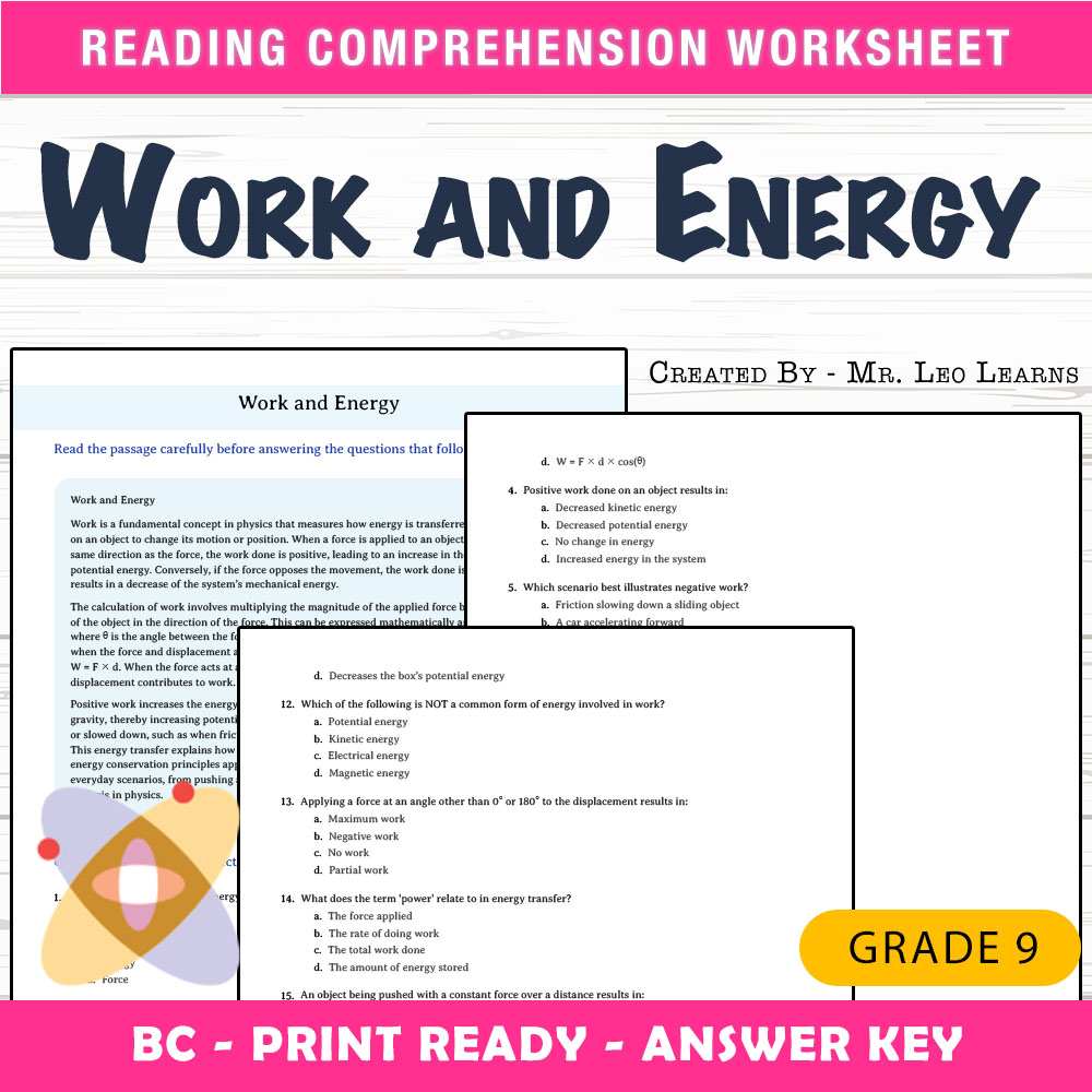 Grade 9 Science worksheet mcq paper worksheet — Grade 9 Science — Worksheet MCQ Paper for Mastering Work and Energy — page 1