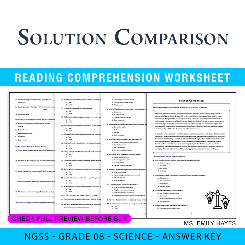 Grade 8 Science worksheet worksheet — 8th Grade Science | Solution Comparison Worksheet (PDF+ Answer Key) — page 1