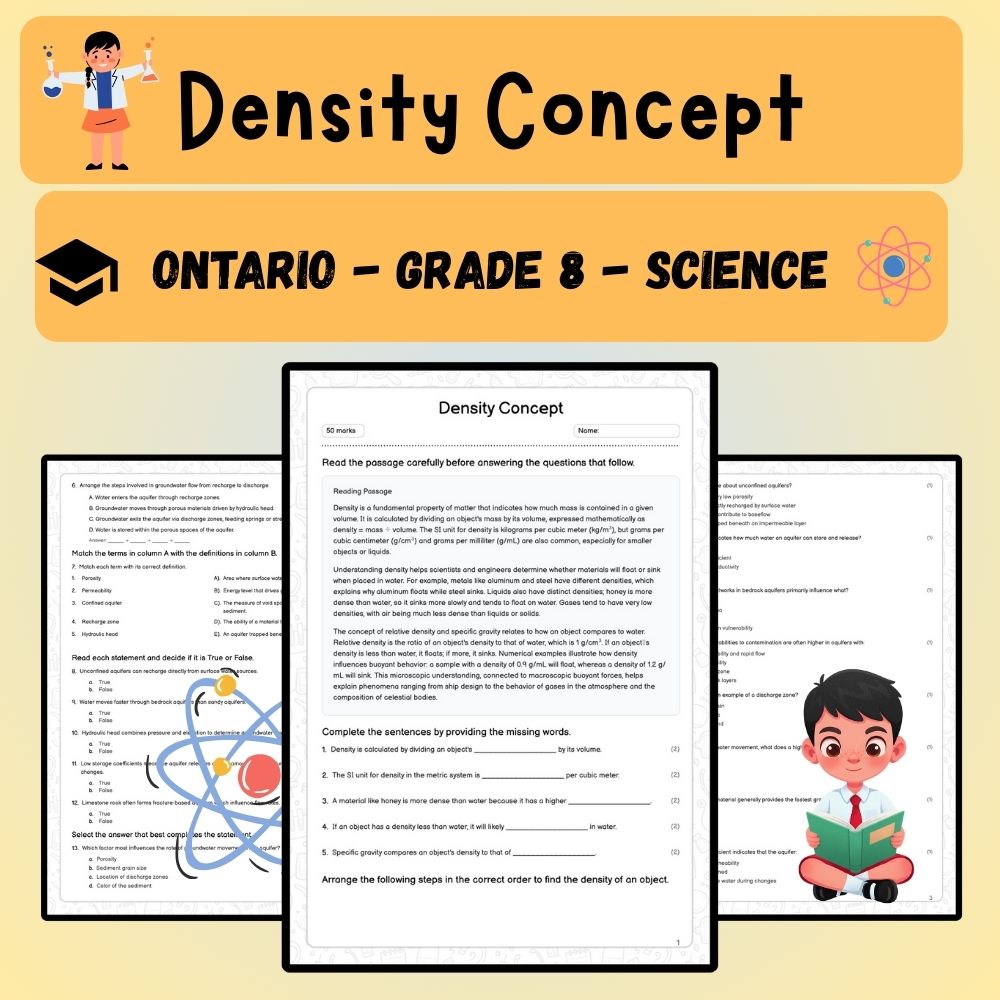 Grade 8 Science worksheet worksheet — Grade 8 Science – Density Concept Worksheet (PDF ) – Ontario Standards — page 1