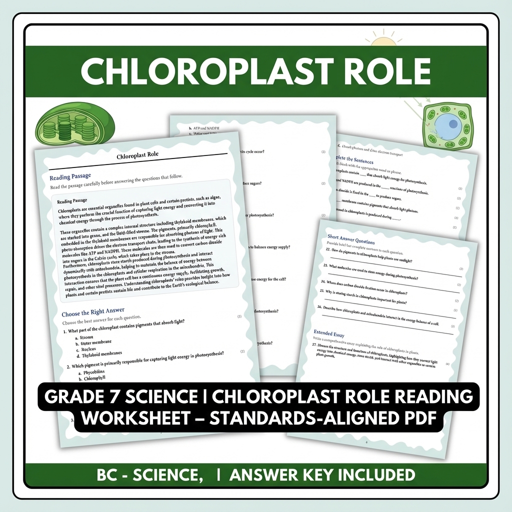 Grade 7 Science | Chloroplast Role Reading Worksheet – Standards-Aligned PDF