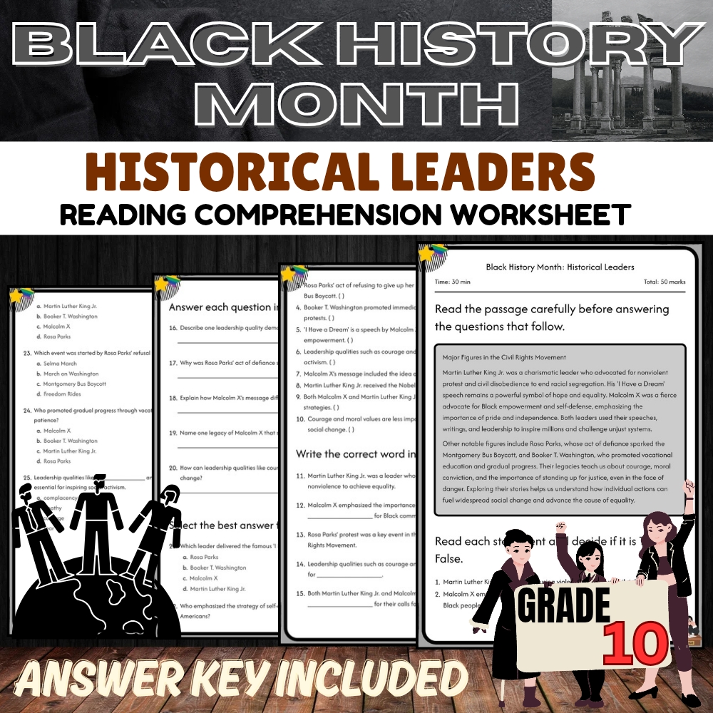 Grade 10 Black history month for Mastering Historical Leaders | PDF + Answer Key