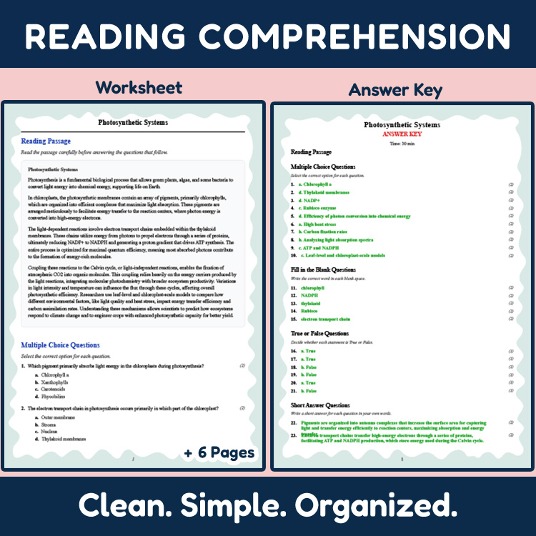 Grade 12 Science reading worksheets worksheet — 12th Grade Science | Photosynthetic Systems Reading Worksheet & Answer Key…