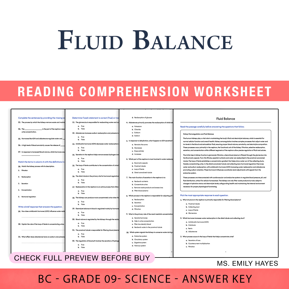 Grade 9 Science worksheet worksheet — 9th Grade Science | Fluid Balance Worksheet (PDF+ Answer Key) — page 1