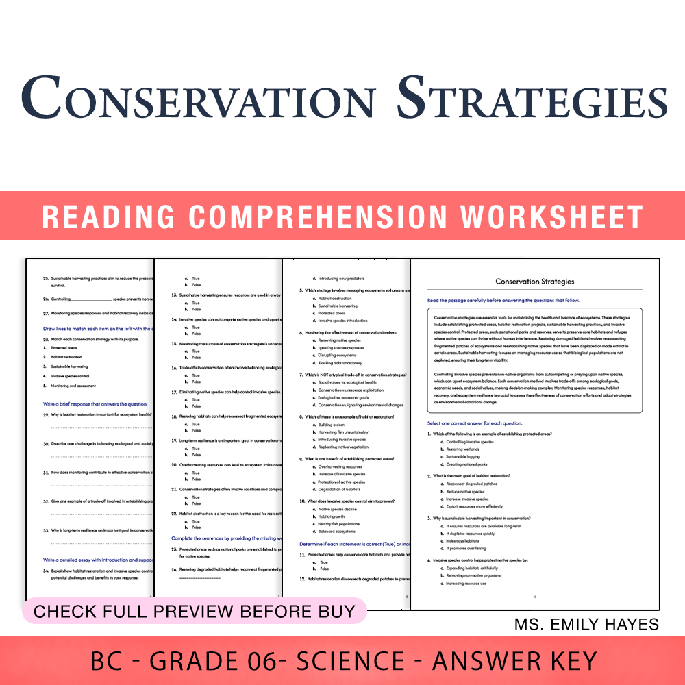 Grade 6 Science — worksheet — 6th Grade Science | Conservation Strategies Worksheet (PDF+ Answer Key) — page 1