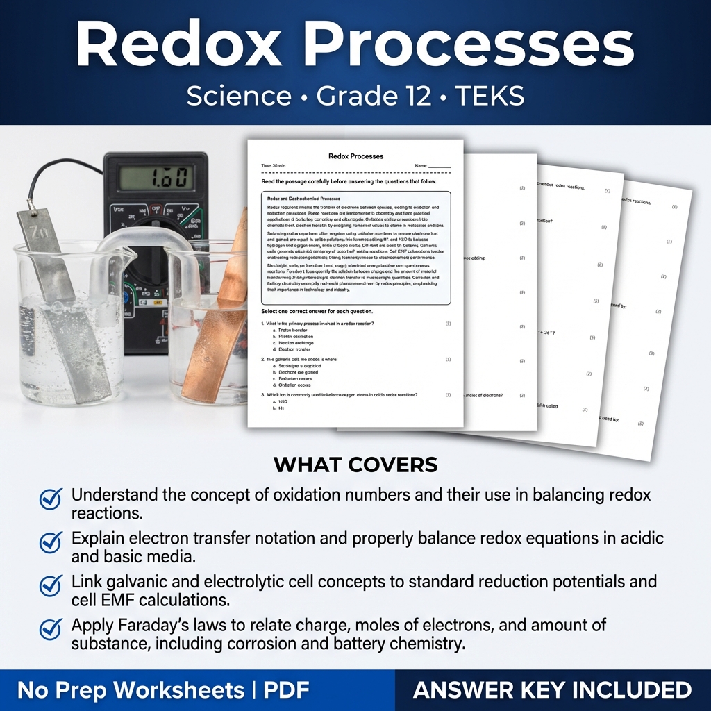 Redox Processes Worksheet for Grade 12 Science TEKS Standards