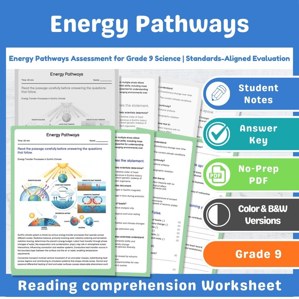 Grade 9 Science assessment worksheet — Energy Pathways Assessment for Grade 9 Science | Standards-Aligned Evaluation — page 1