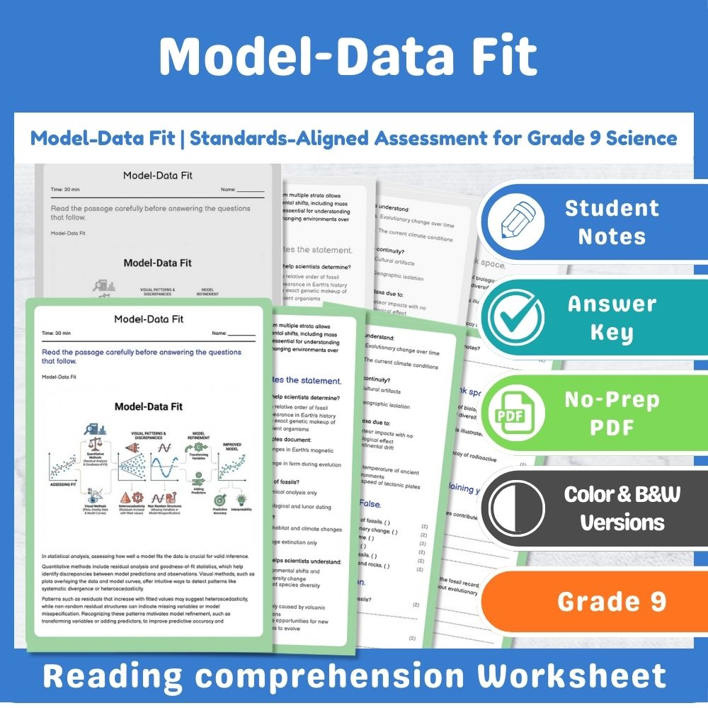 Grade 9 Science assessment worksheet — Model-Data Fit Assessment | Standards-Aligned Assessment for Grade 9 Science — page 1