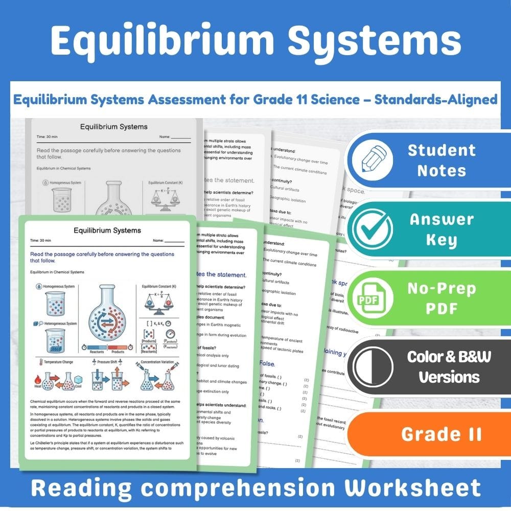 Grade 11 Science assessment worksheet — Equilibrium Systems Assessment for Grade 11 Science – Standards-Aligned — page 1