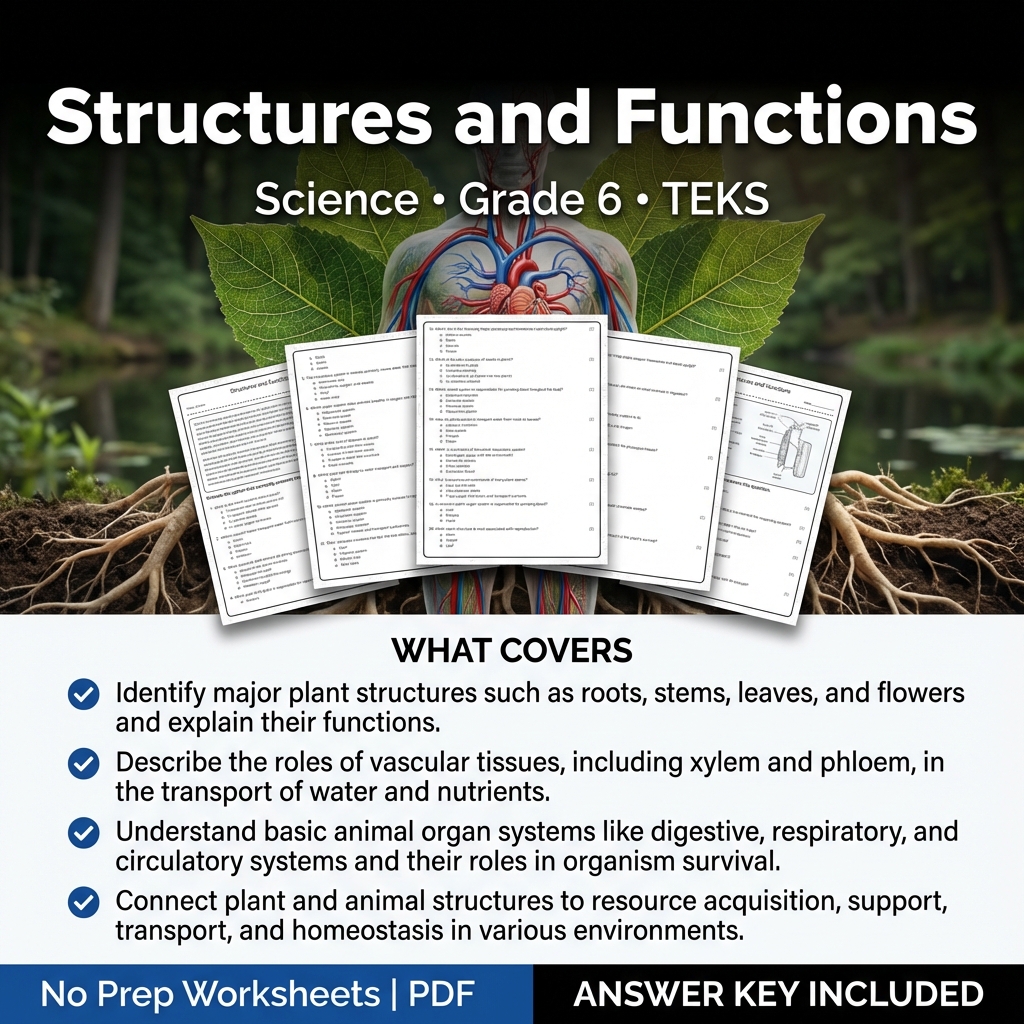 Grade 6 Science Worksheet on Structures and Functions | TEKS Aligned
